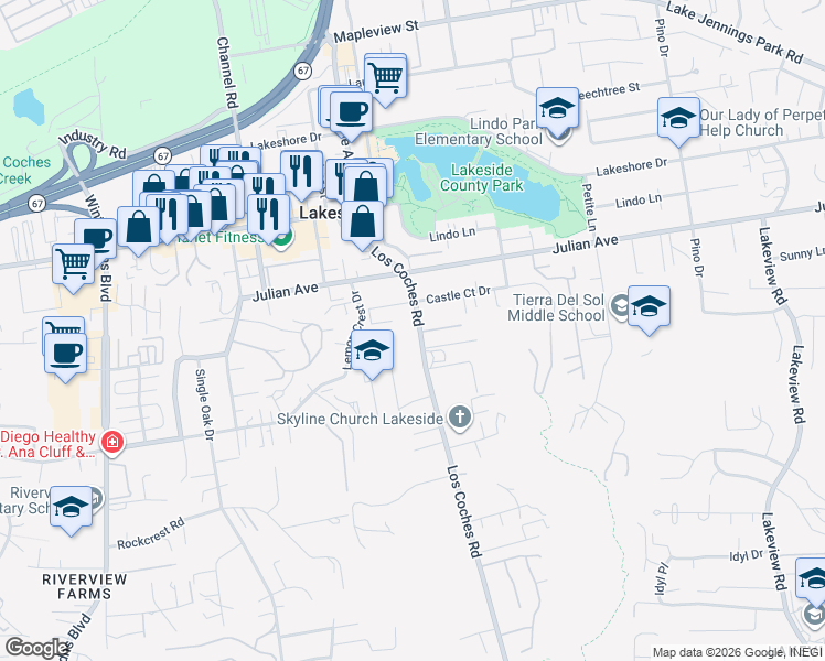 map of restaurants, bars, coffee shops, grocery stores, and more near 9604 Los Coches Road in Lakeside