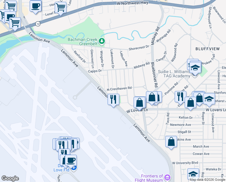 map of restaurants, bars, coffee shops, grocery stores, and more near 3940 North Cresthaven Road in Dallas