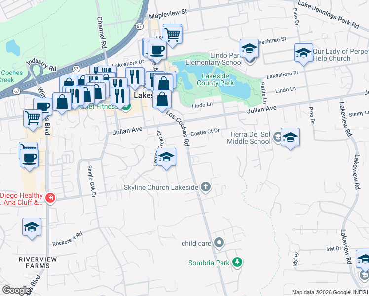 map of restaurants, bars, coffee shops, grocery stores, and more near 9620 Los Coches Road in Lakeside
