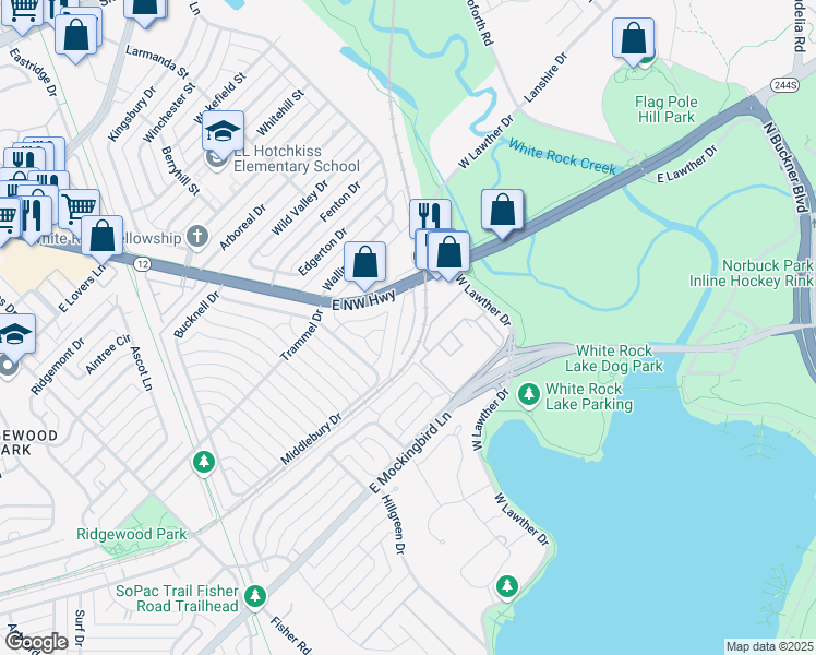 map of restaurants, bars, coffee shops, grocery stores, and more near 7400 East Northwest Highway in Dallas