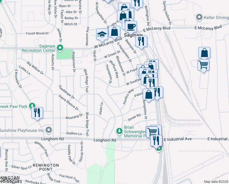 map of restaurants, bars, coffee shops, grocery stores, and more near 337 Saddle Trail in Saginaw