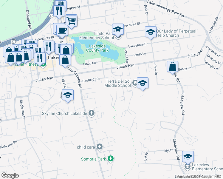map of restaurants, bars, coffee shops, grocery stores, and more near 12886 Castle Court Drive in Lakeside