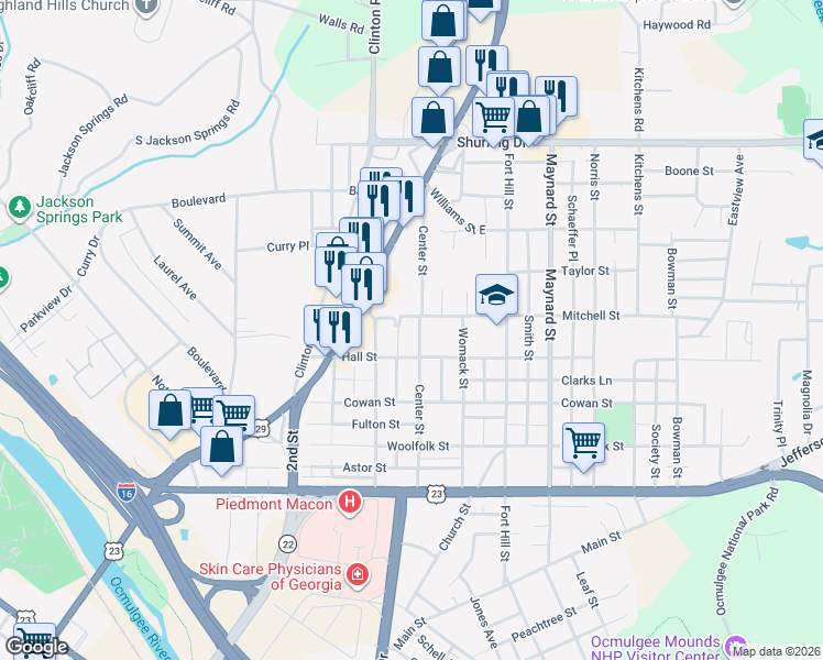 map of restaurants, bars, coffee shops, grocery stores, and more near 928 Center Street in Macon