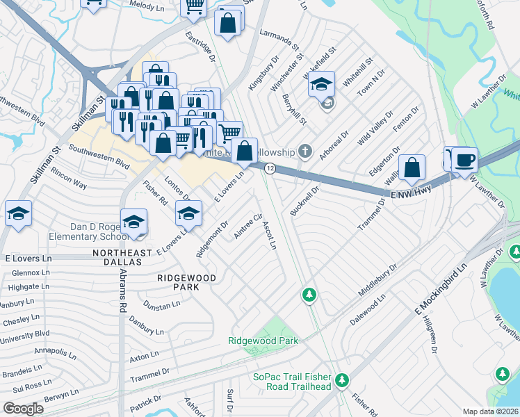 map of restaurants, bars, coffee shops, grocery stores, and more near 6605 Ascot Lane in Dallas