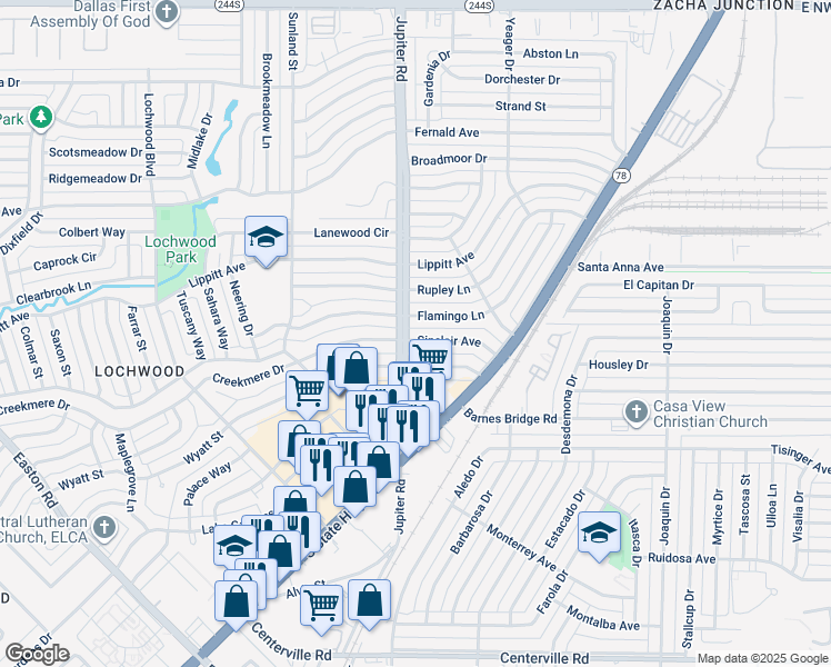 map of restaurants, bars, coffee shops, grocery stores, and more near 11413 Sinclair Avenue in Dallas