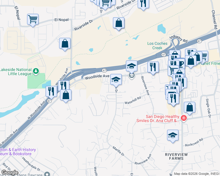 map of restaurants, bars, coffee shops, grocery stores, and more near 9728 Marilla Drive in Lakeside