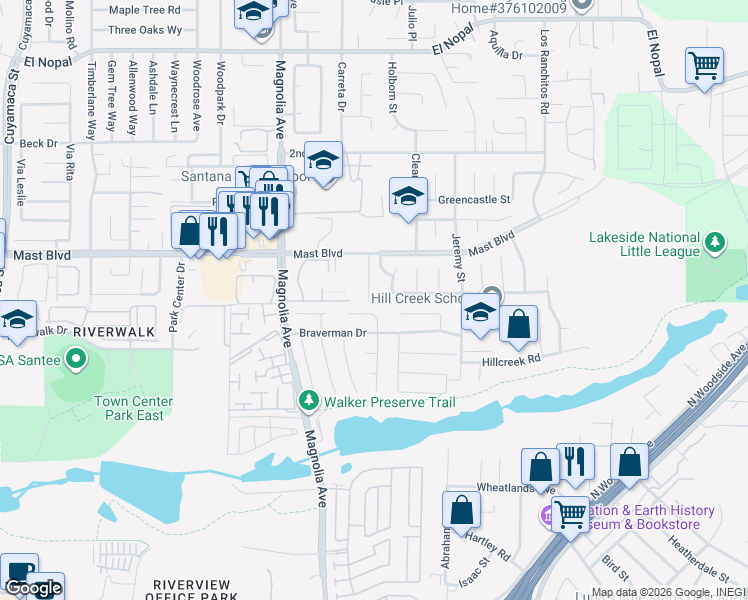 map of restaurants, bars, coffee shops, grocery stores, and more near 9647 Bundy Drive in Santee