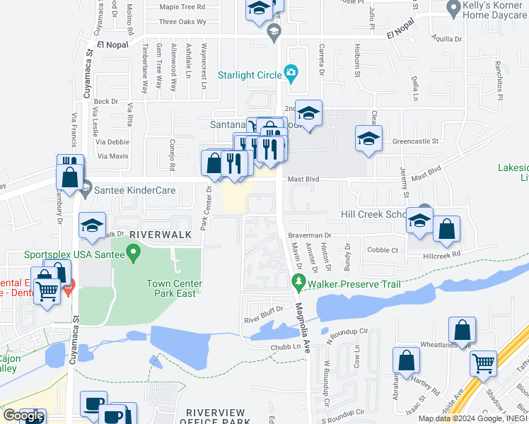 map of restaurants, bars, coffee shops, grocery stores, and more near 10190 Palm Glen Drive in Santee