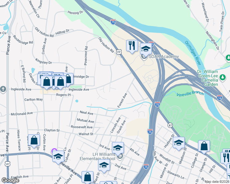 map of restaurants, bars, coffee shops, grocery stores, and more near 478 Monroe Hill in Macon