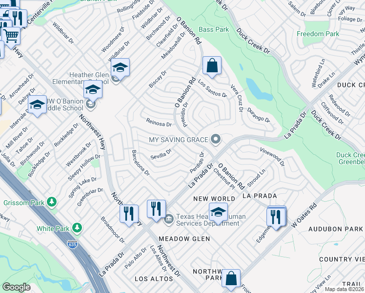 map of restaurants, bars, coffee shops, grocery stores, and more near 525 San Clemente Drive in Garland