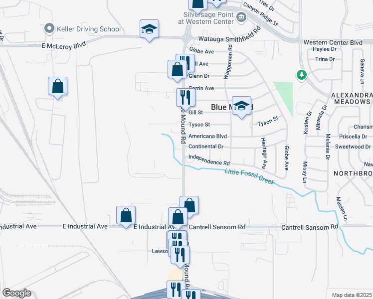 map of restaurants, bars, coffee shops, grocery stores, and more near 1609 Independence Road in Blue Mound
