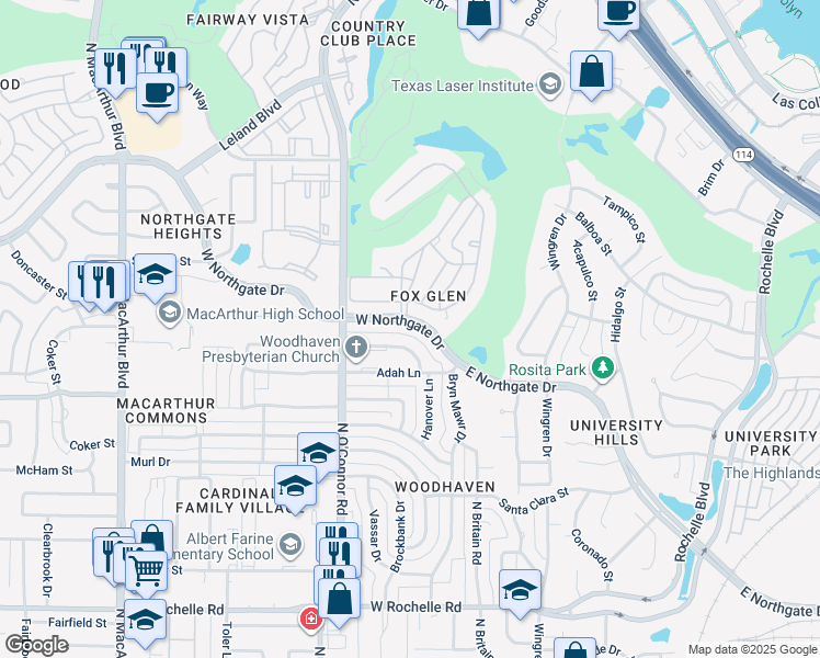 map of restaurants, bars, coffee shops, grocery stores, and more near 306 West Northgate Drive in Irving