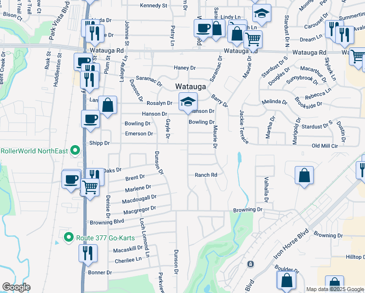 map of restaurants, bars, coffee shops, grocery stores, and more near 5821 Whitley Road in Haltom City