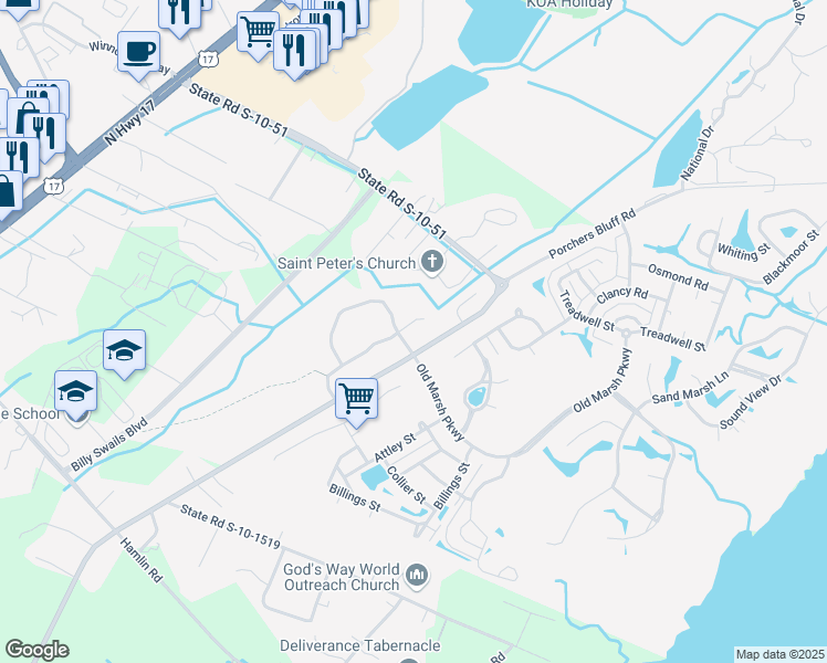 map of restaurants, bars, coffee shops, grocery stores, and more near 2942 Woodland Park Drive in Mount Pleasant