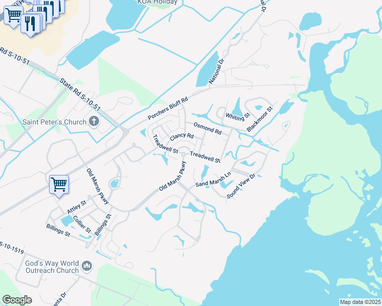 map of restaurants, bars, coffee shops, grocery stores, and more near Treadwell Street in Mount Pleasant