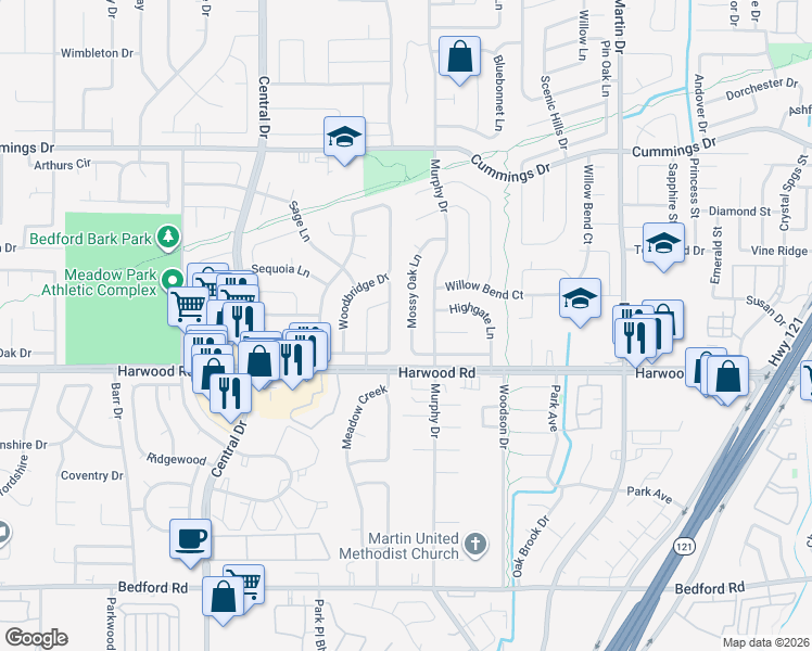 map of restaurants, bars, coffee shops, grocery stores, and more near 2913 Murphy Drive in Bedford