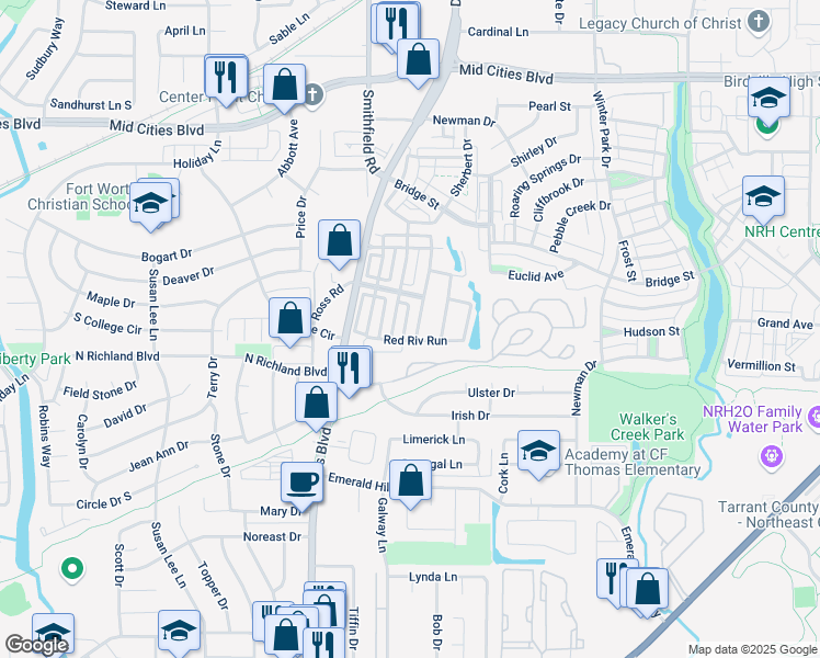 map of restaurants, bars, coffee shops, grocery stores, and more near 8004 Red River Run in North Richland Hills