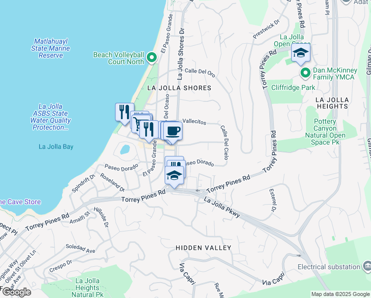 map of restaurants, bars, coffee shops, grocery stores, and more near 2315 Avenida De La Playa in San Diego