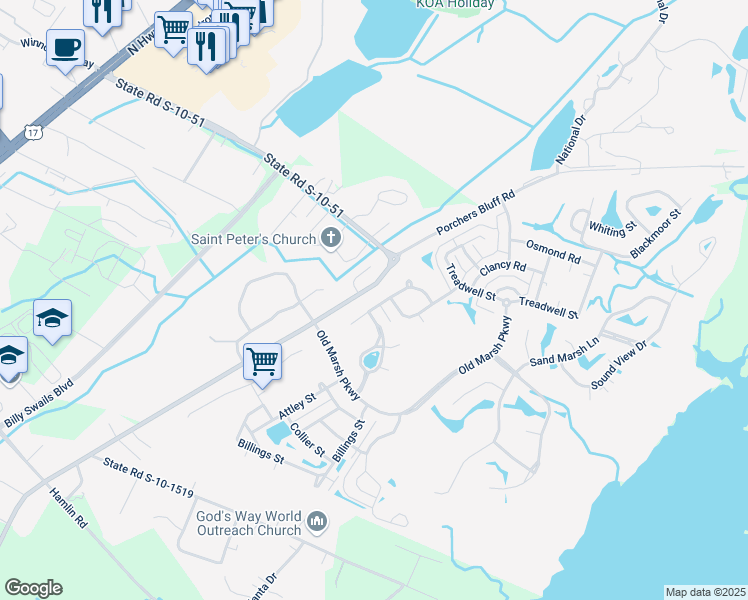 map of restaurants, bars, coffee shops, grocery stores, and more near 3424 Southern Cottage Way in Mount Pleasant