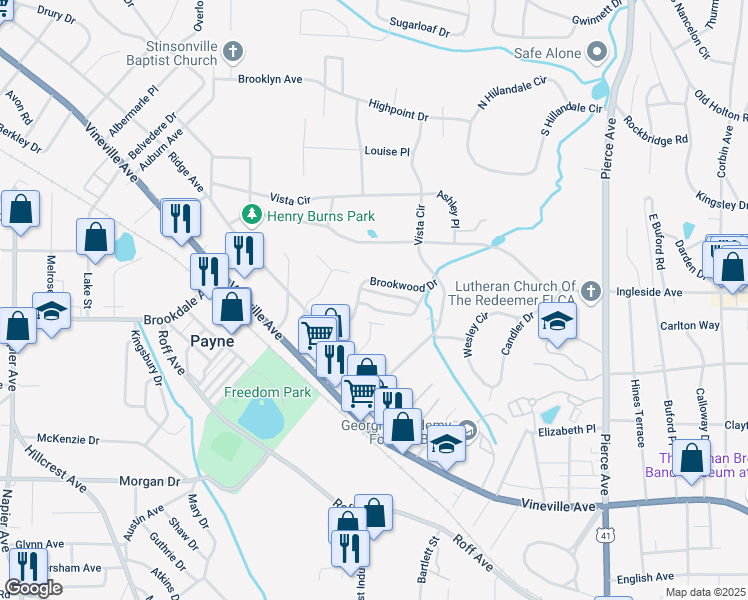 map of restaurants, bars, coffee shops, grocery stores, and more near 250 Crumps Park Avenue in Macon