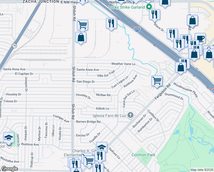 map of restaurants, bars, coffee shops, grocery stores, and more near 3058 Tres Logos Lane in Dallas