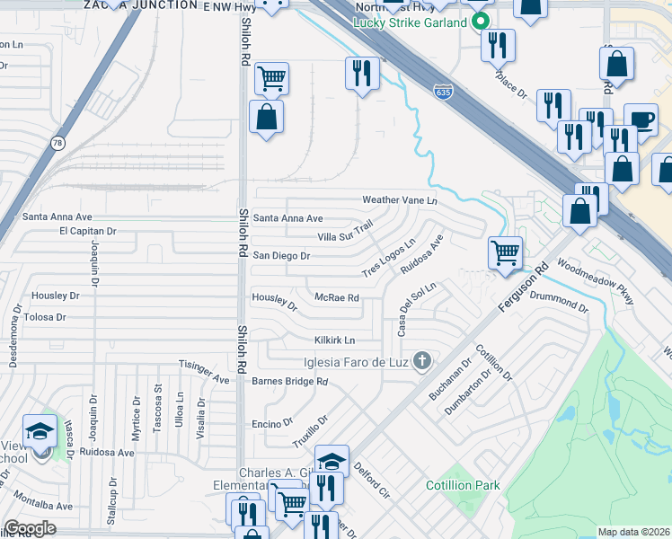 map of restaurants, bars, coffee shops, grocery stores, and more near 3026 Tres Logos Lane in Dallas