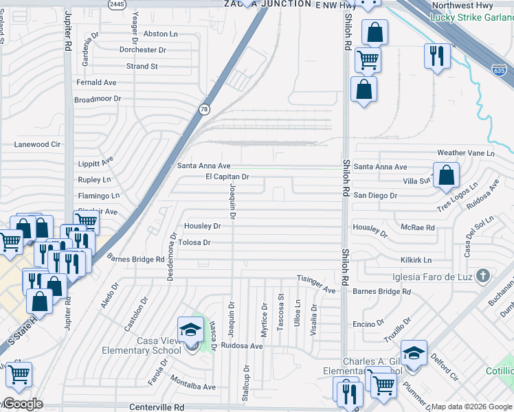 map of restaurants, bars, coffee shops, grocery stores, and more near 2322 Costa Mesa Drive in Dallas