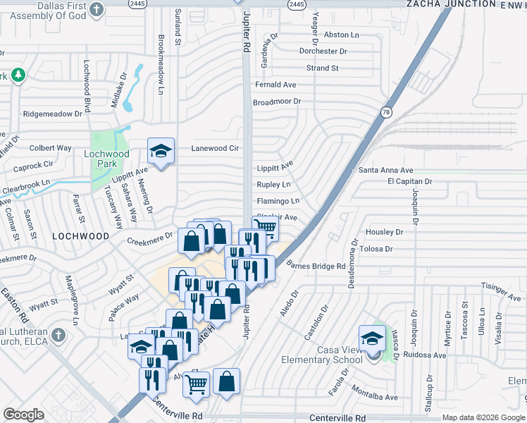 map of restaurants, bars, coffee shops, grocery stores, and more near 11412 Sinclair Avenue in Dallas
