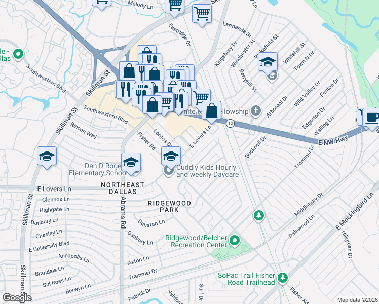 map of restaurants, bars, coffee shops, grocery stores, and more near 6514 Arborist Lane in Dallas