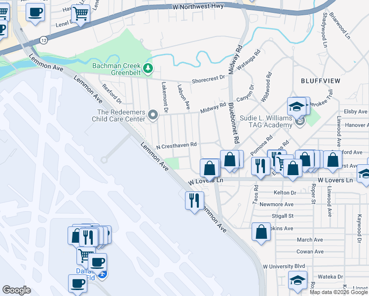map of restaurants, bars, coffee shops, grocery stores, and more near 4021 Adrian Drive in Dallas