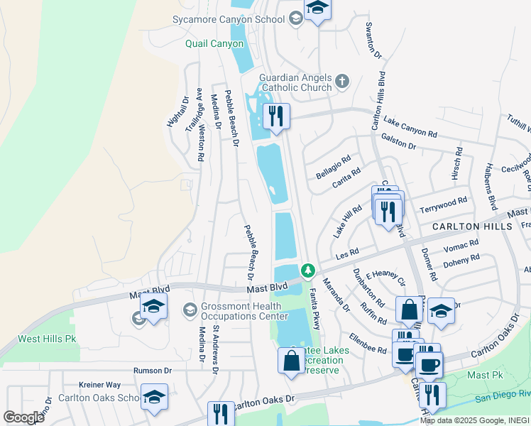 map of restaurants, bars, coffee shops, grocery stores, and more near 8988 New Seabury Drive in Santee