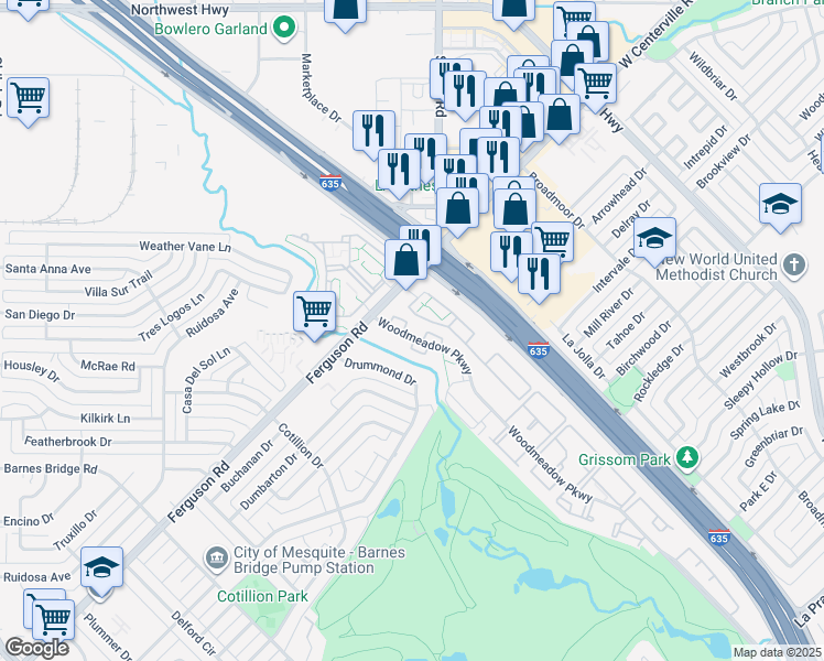 map of restaurants, bars, coffee shops, grocery stores, and more near 11434 Woodmeadow Parkway in Dallas