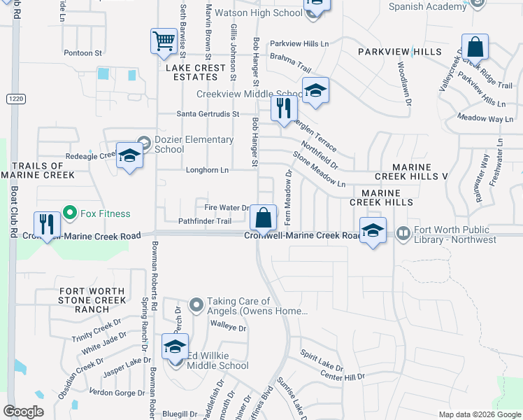 map of restaurants, bars, coffee shops, grocery stores, and more near 6350 Twilight Circle in Fort Worth