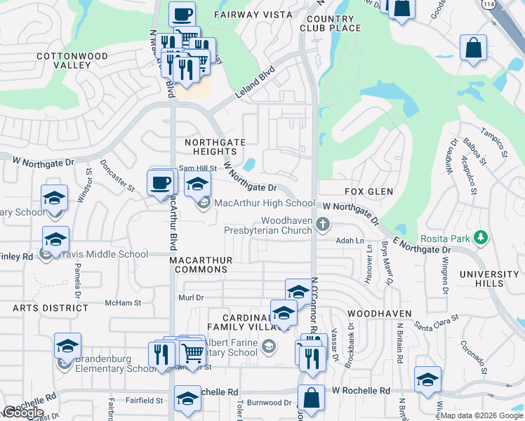 map of restaurants, bars, coffee shops, grocery stores, and more near 609 Hanover Lane in Irving