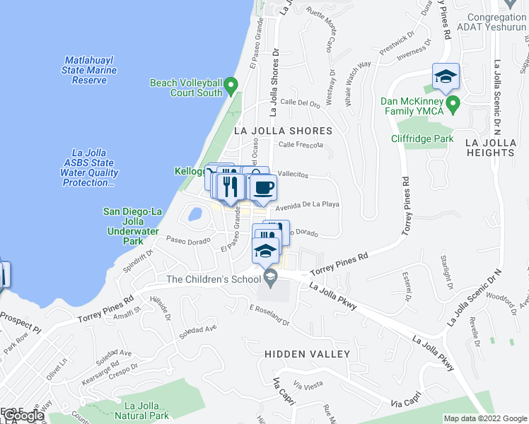 map of restaurants, bars, coffee shops, grocery stores, and more near 8070 La Jolla Shores Drive in San Diego