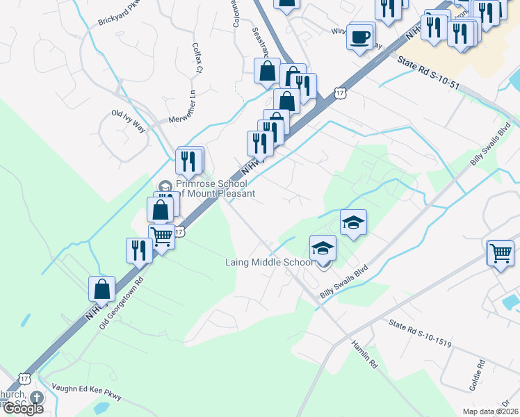 map of restaurants, bars, coffee shops, grocery stores, and more near 1154 Hamlin Road in Mount Pleasant