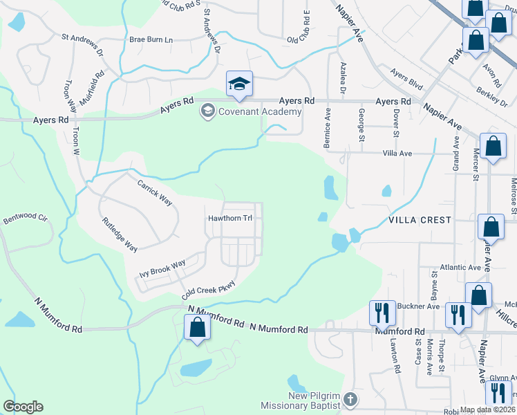 map of restaurants, bars, coffee shops, grocery stores, and more near 245 Hawthorn Trail in Macon
