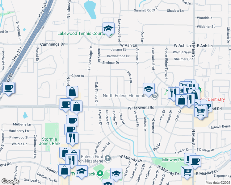 map of restaurants, bars, coffee shops, grocery stores, and more near 1113 Crane Drive in Euless