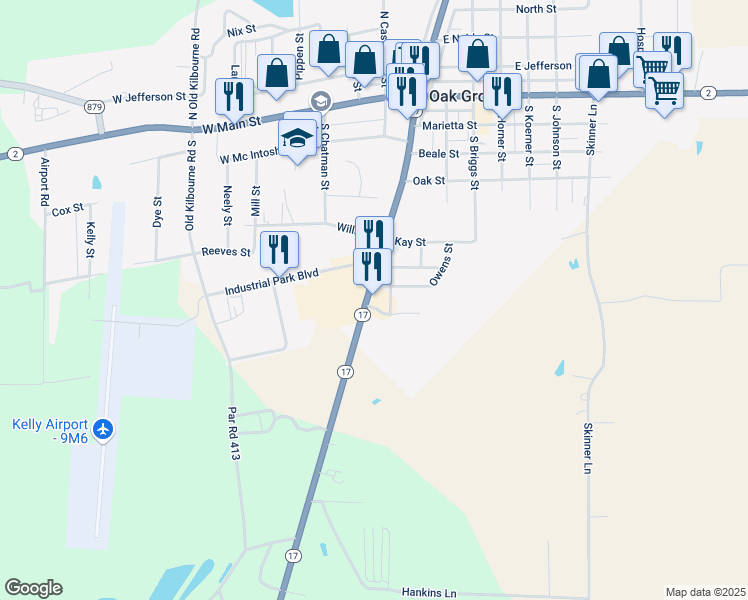 map of restaurants, bars, coffee shops, grocery stores, and more near 217 Cemetery Street in Oak Grove