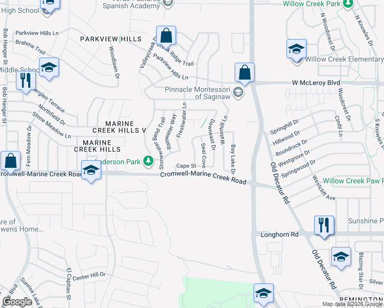 map of restaurants, bars, coffee shops, grocery stores, and more near 6321 New Harbor Lane in Fort Worth