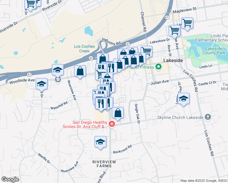 map of restaurants, bars, coffee shops, grocery stores, and more near 9624 Nectarine Drive in Lakeside