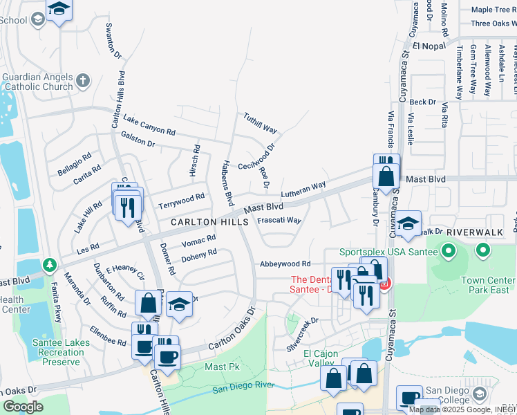map of restaurants, bars, coffee shops, grocery stores, and more near 9546 Frascati Way in Santee