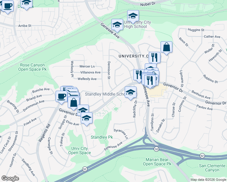 map of restaurants, bars, coffee shops, grocery stores, and more near 3664 Governor Drive in San Diego