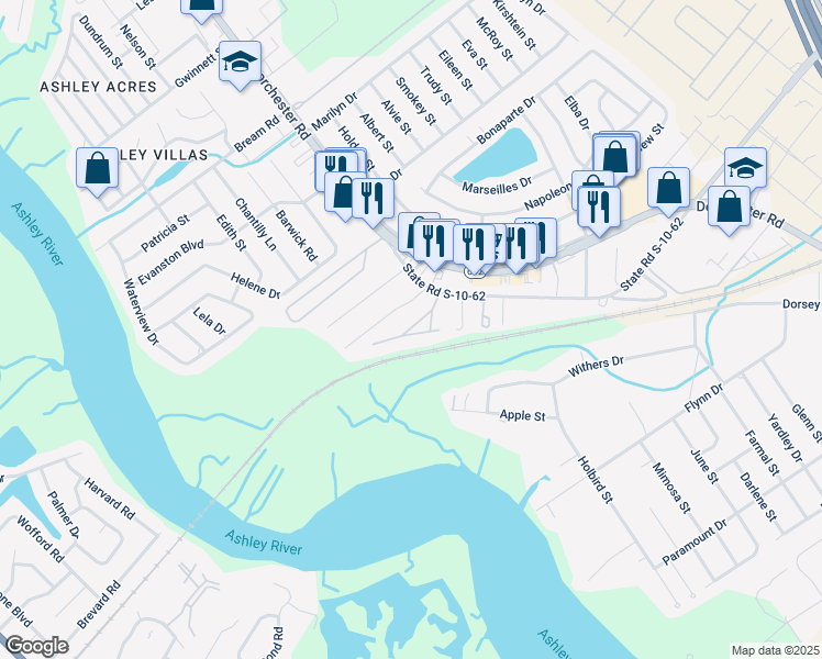 map of restaurants, bars, coffee shops, grocery stores, and more near 4617 Watkins Road in North Charleston