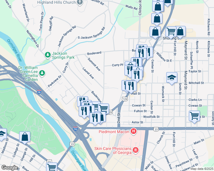 map of restaurants, bars, coffee shops, grocery stores, and more near 825 North Garden Terrace in Macon