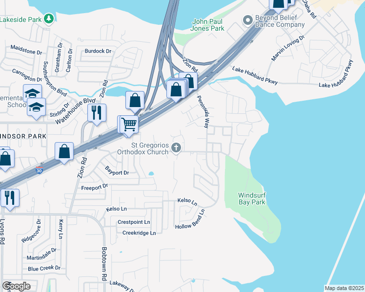 map of restaurants, bars, coffee shops, grocery stores, and more near 5210 Locust Grove Road in Garland