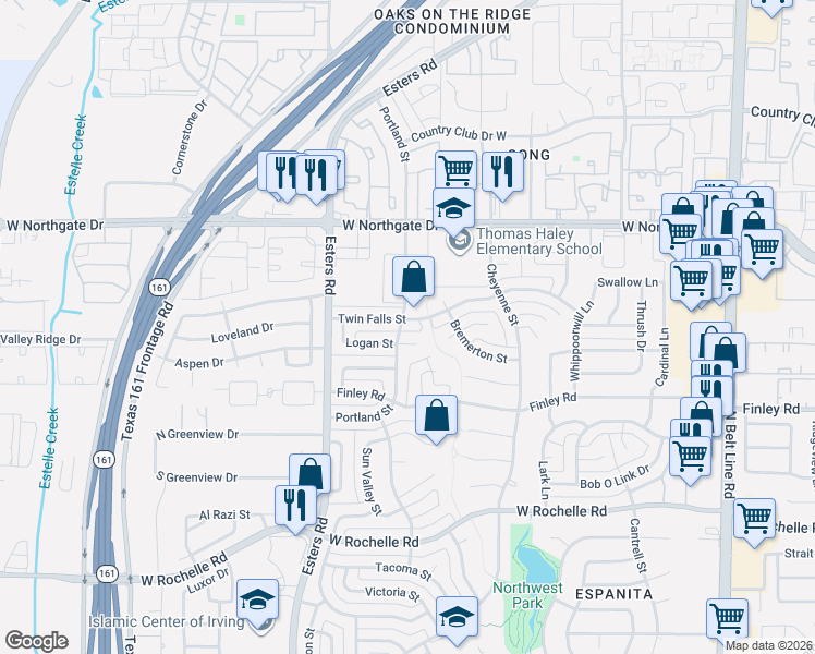 map of restaurants, bars, coffee shops, grocery stores, and more near 4036 Portland Street in Irving