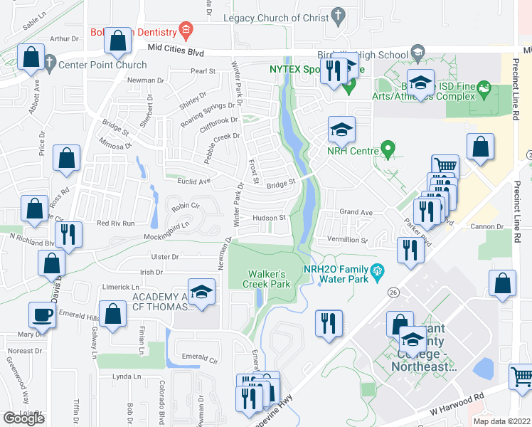 map of restaurants, bars, coffee shops, grocery stores, and more near 5809 Arbor Road in North Richland Hills
