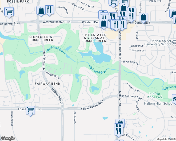 map of restaurants, bars, coffee shops, grocery stores, and more near 4152 Shores Court in Fort Worth