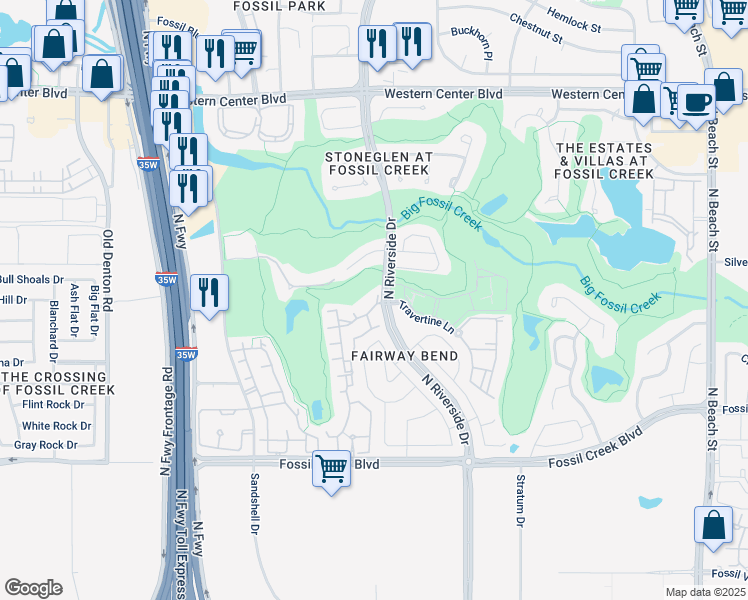 map of restaurants, bars, coffee shops, grocery stores, and more near 6001 Aimsley Court in Fort Worth